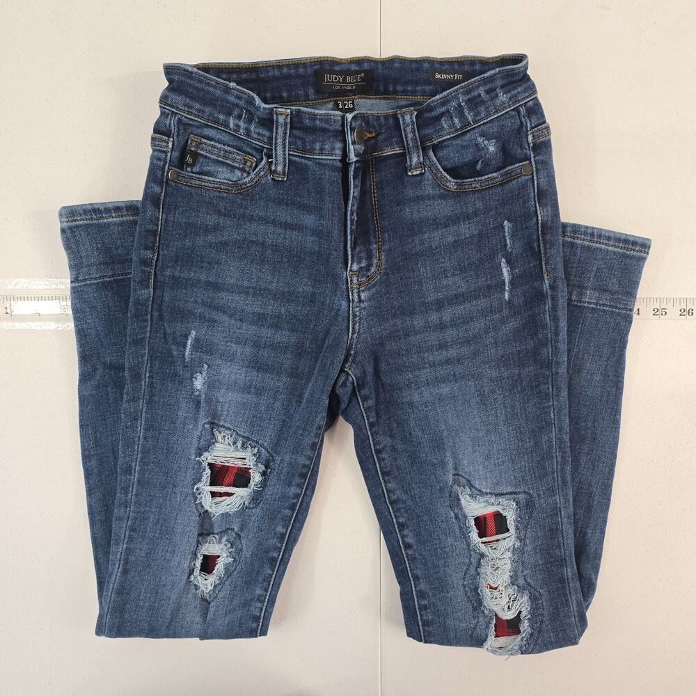 Judy Blue Skinny Fit Jeans Womens 3/26 Distressed Buffalo Plaid Patch JB82167MD